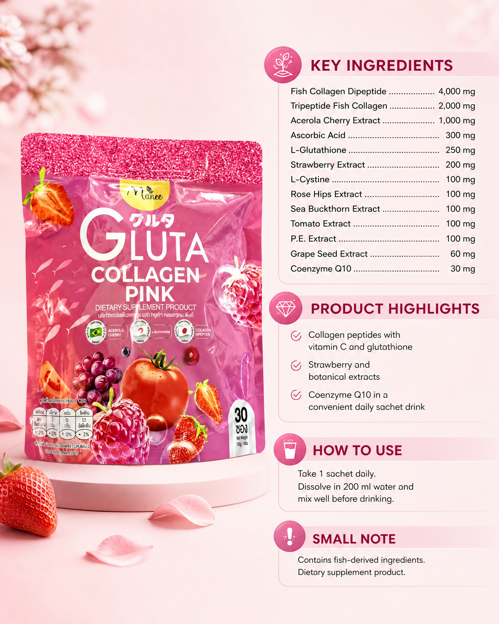 Manee Gluta Collagen Pink Dietary Supplement — 30 Sachets