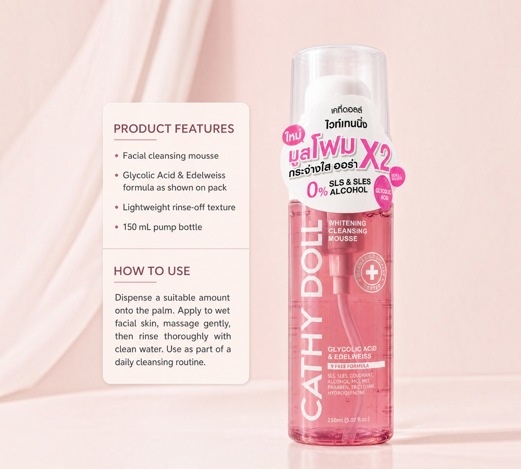 Thai Ranee Cathy Doll whitening cleansing mousse with glycolic acid and edelweiss in a 150ml pump bottle