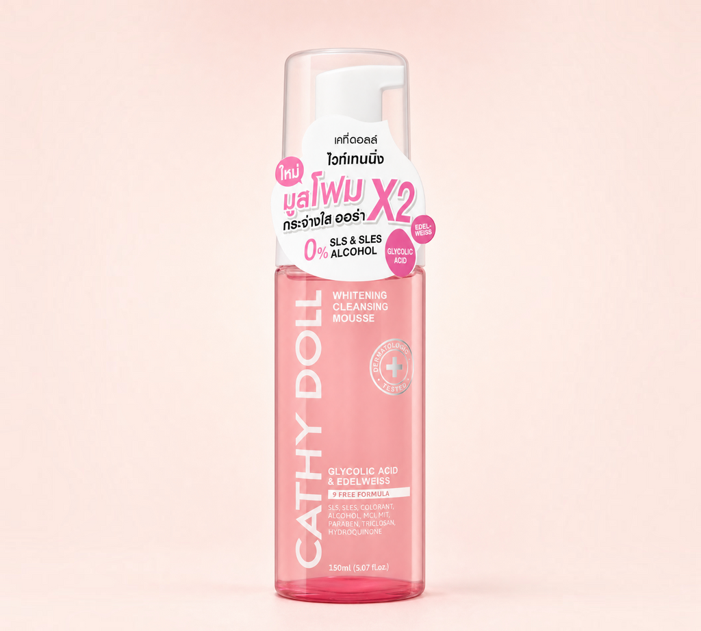 Thai Ranee Cathy Doll whitening cleansing mousse with glycolic acid and edelweiss in a 150ml pink pump bottle.