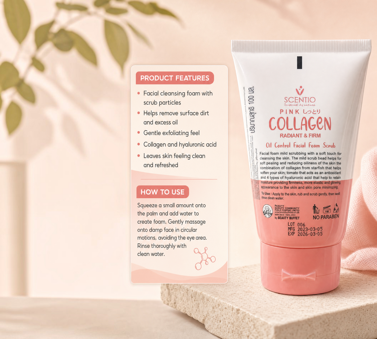 Thai Ranee Scentio Pink Collagen facial foam scrub in a white and pink tube for radiant and firm skin