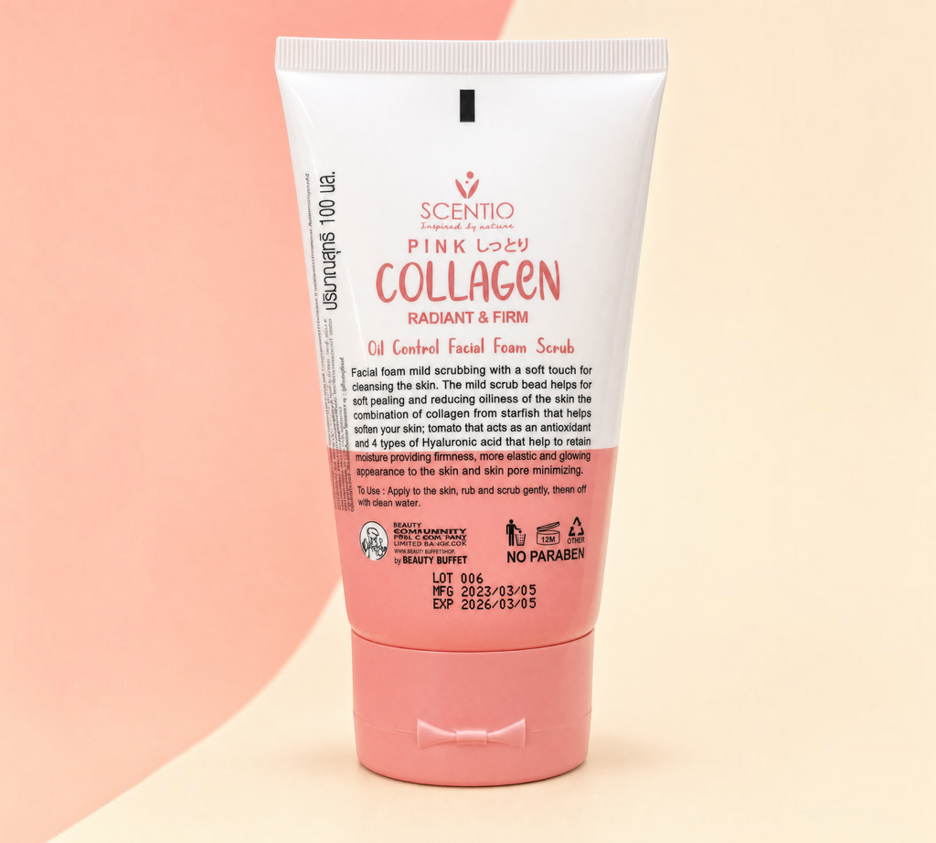 Thai Ranee Scentio Pink Collagen Radiant and Firm facial foam scrub in a white and pink tube with product details.