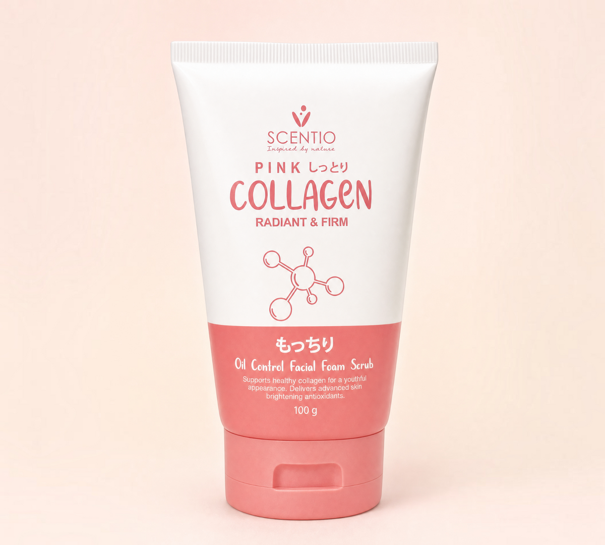 Thai Ranee Scentio Pink Collagen facial foam scrub in a white and pink tube for oil control and radiant skin.