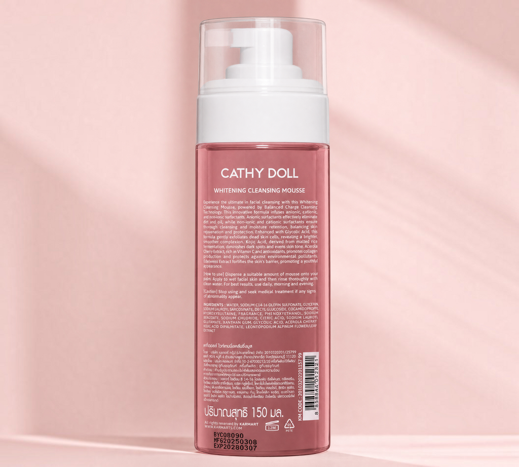 Thai Ranee Cathy Doll Whitening Cleansing Mousse bottle with pump dispenser and pink label, 150 mL size.
