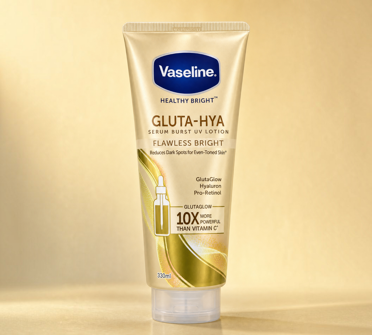 Thai Ranee Vaseline Healthy Bright Gluta-Hya Serum Burst UV Lotion Flawless Bright 330ml tube in gold packaging.