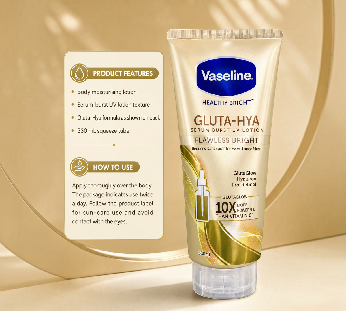Thai Ranee Vaseline Healthy Bright Gluta-Hya Serum Burst UV Lotion in a 330ml gold squeeze tube for even-toned skin.