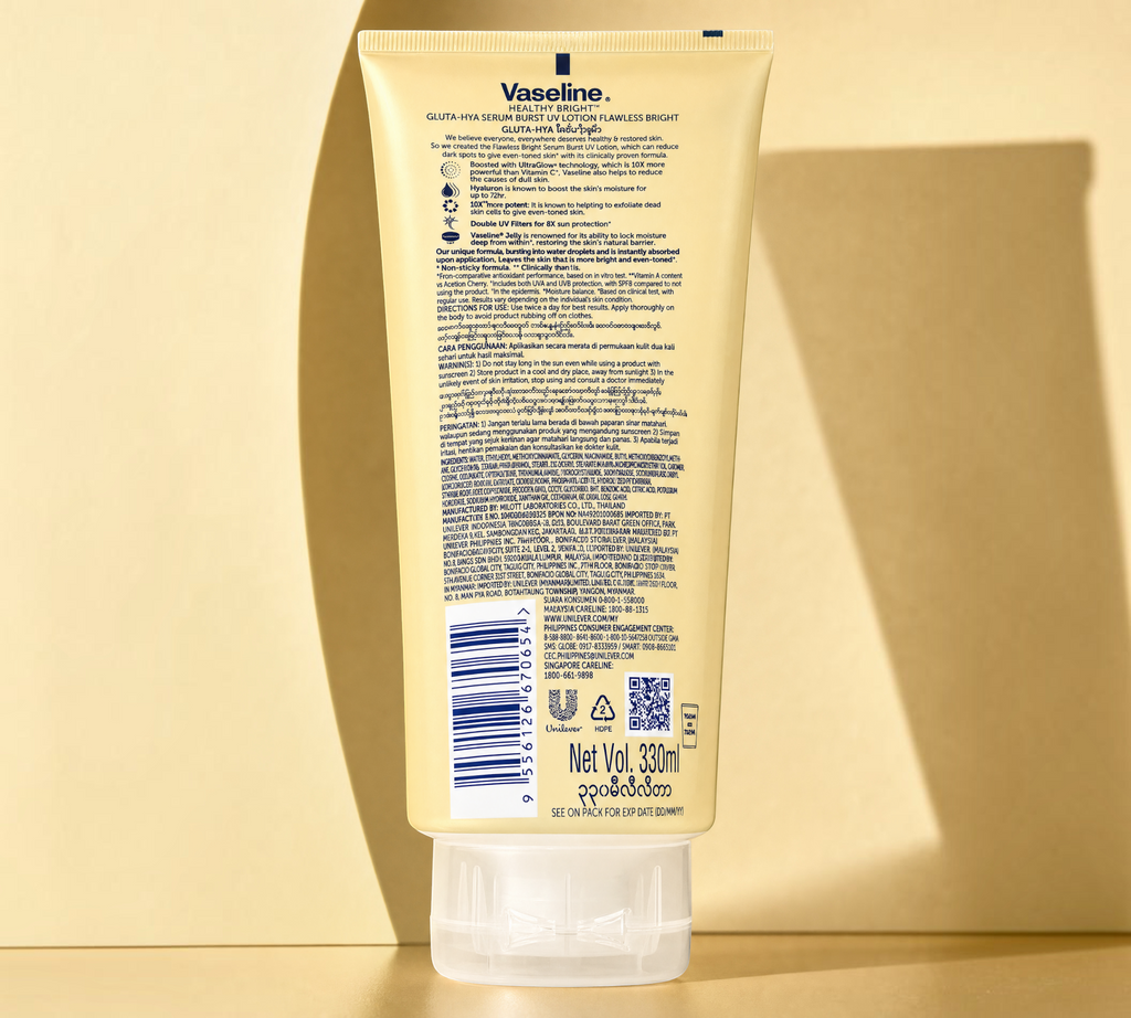 Thai Ranee Vaseline Healthy Bright Gluta-Hya Serum Burst UV Lotion Flawless Bright 330ml back view with product details