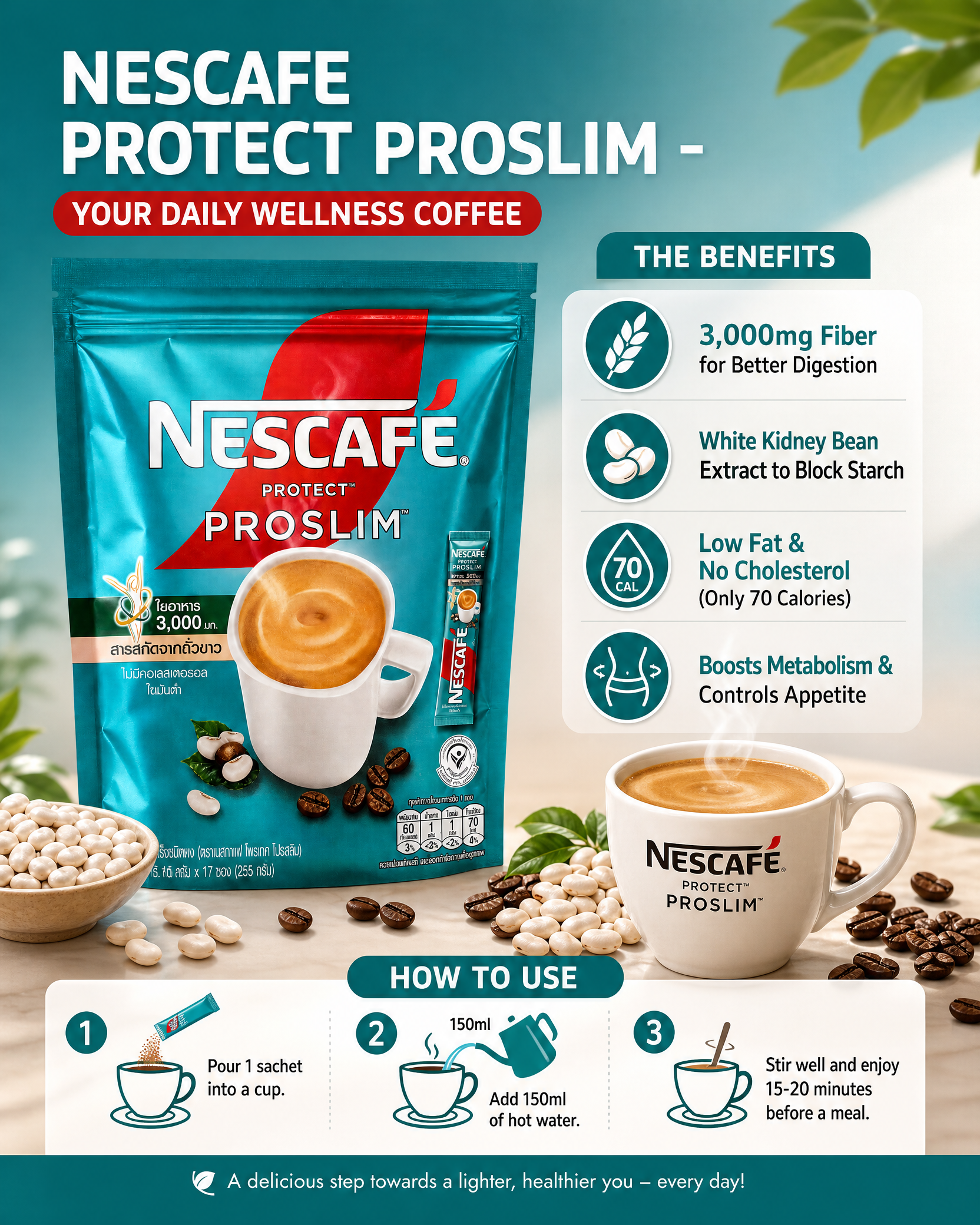 NESCAFE Protect Proslim Coffee Mix Powder – 15g x 17 Sticks (255g)