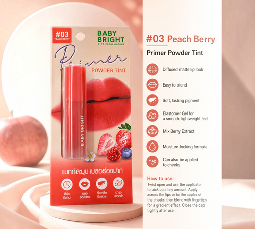 Thai Ranee Baby Bright Primer Powder Tint in #03 Peach Berry, a soft matte lip and cheek tint with berry extract.