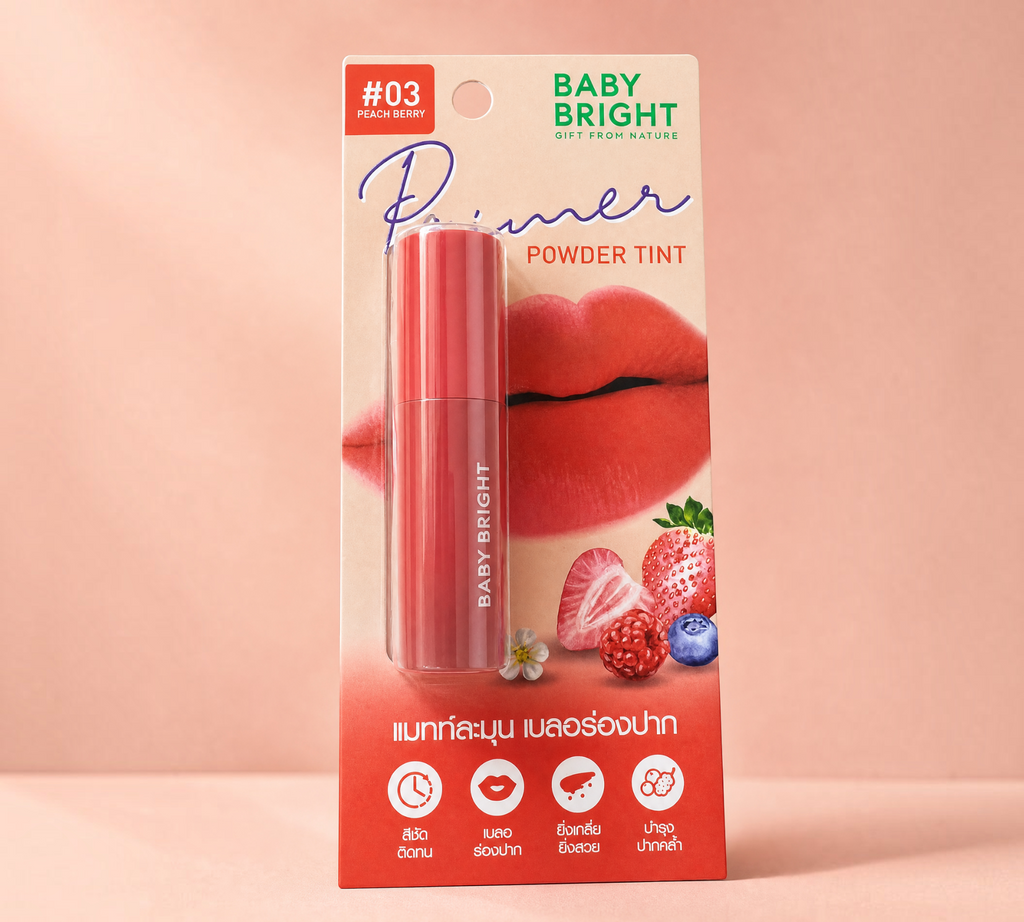 Thai Ranee Baby Bright Primer Powder Tint in #03 Peach Berry, a soft matte lip tint with berry extract.