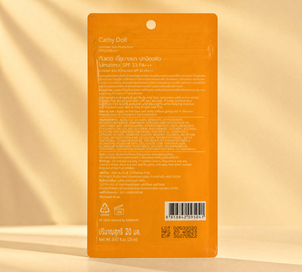 Thai Ranee Cathy Doll Invisible Sun Protection SPF 33 PA+++ 20mL sunscreen sachet back view with ingredients list