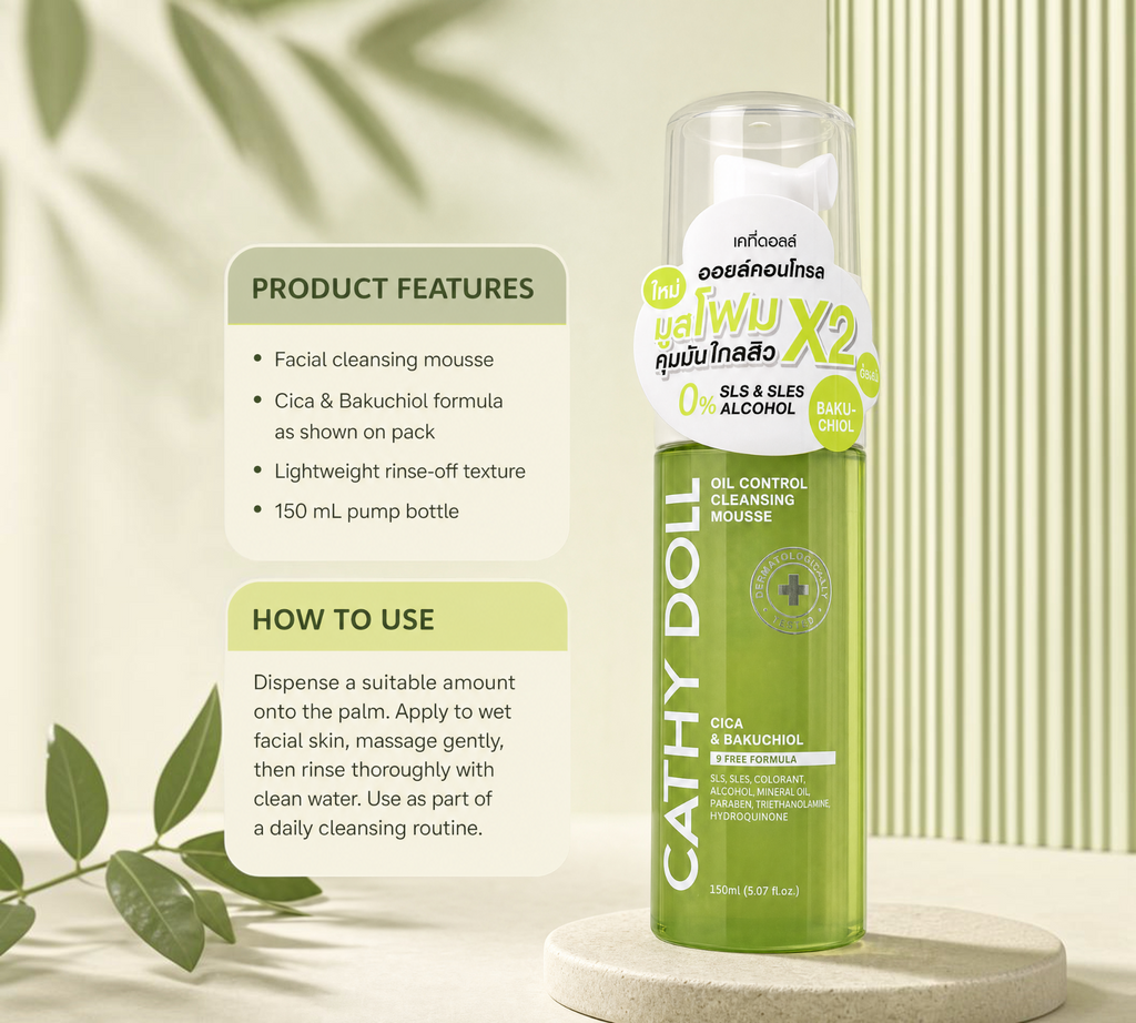 Thai Ranee Cathy Doll Oil Control Cleansing Mousse with Cica and Bakuchiol in a 150ml pump bottle on a pedestal.