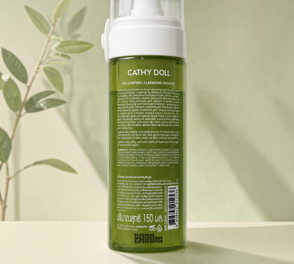 Thai Ranee Cathy Doll Oil Control Cleansing Mousse bottle with Cica and Bakuchiol, 150mL pump dispenser packaging.