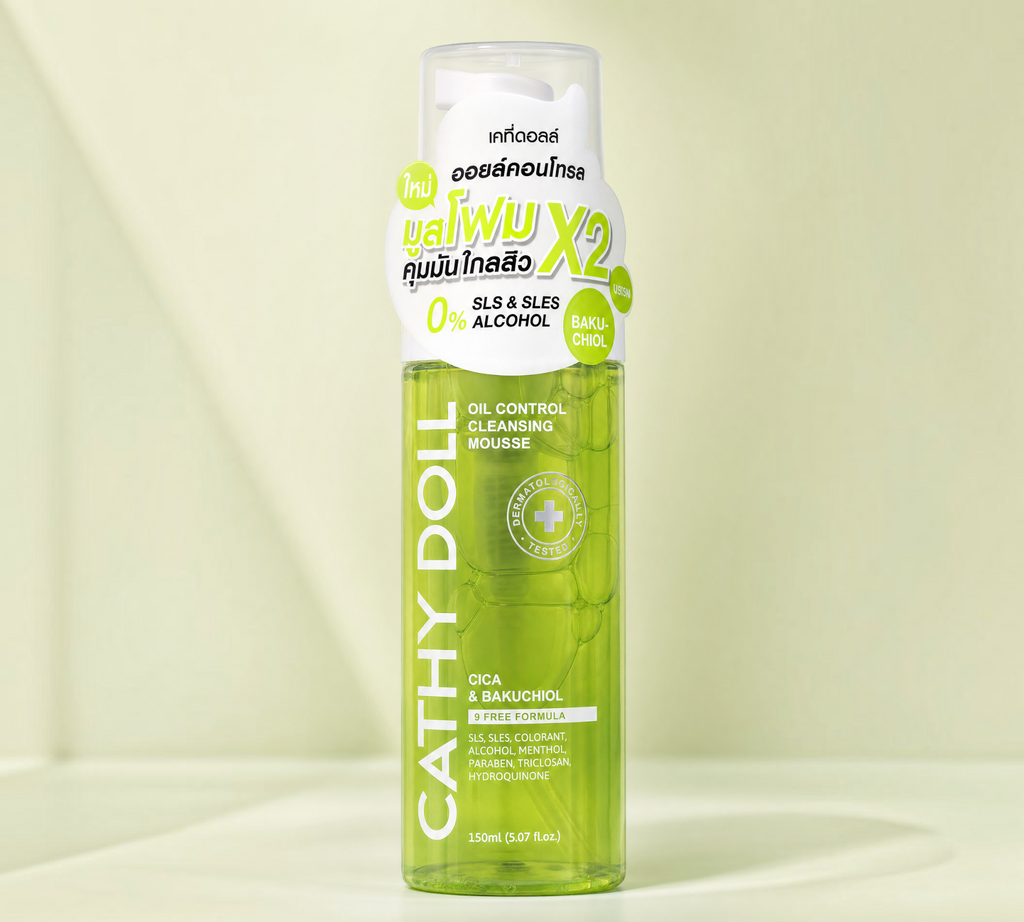 Thai Ranee Cathy Doll oil control cleansing mousse with Cica and Bakuchiol in a 150ml pump bottle.