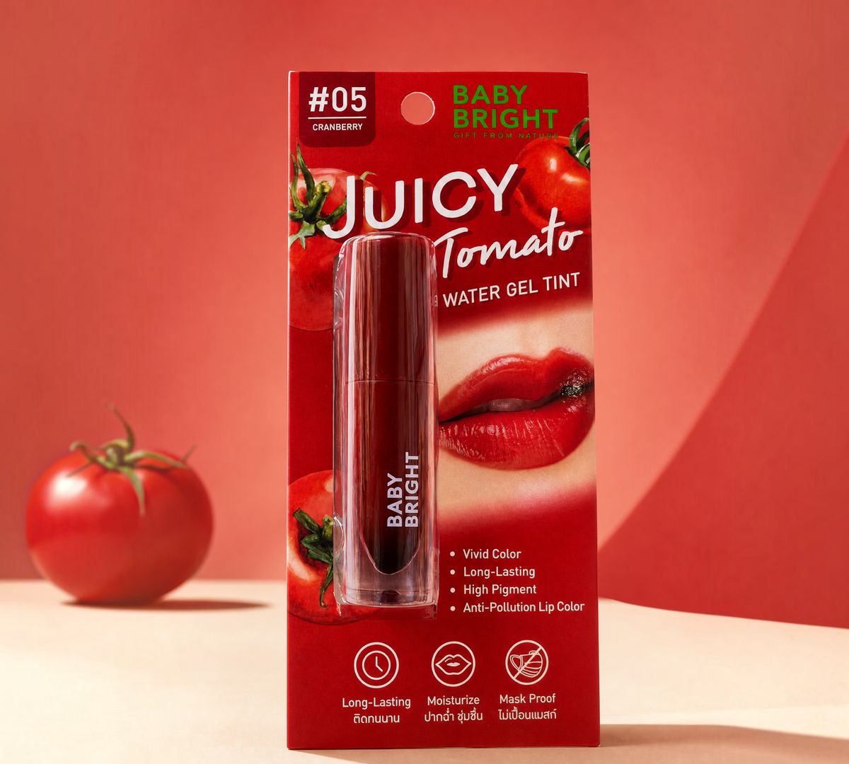 Thai Ranee Baby Bright Juicy Tomato Water Gel Tint in #05 Cranberry, a vivid red moisturizing lip stain in packaging.