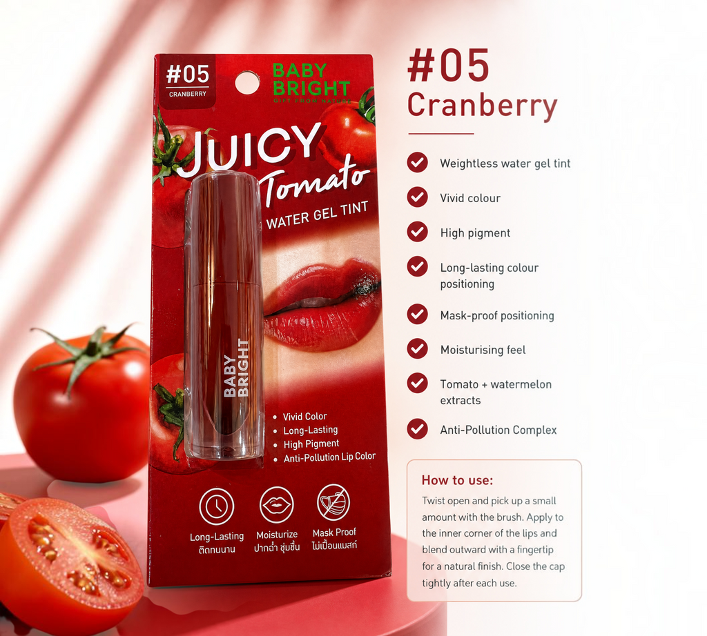 Thai Ranee Baby Bright Juicy Tomato Water Gel Tint in #05 Cranberry, a long-lasting, moisturizing red lip stain.