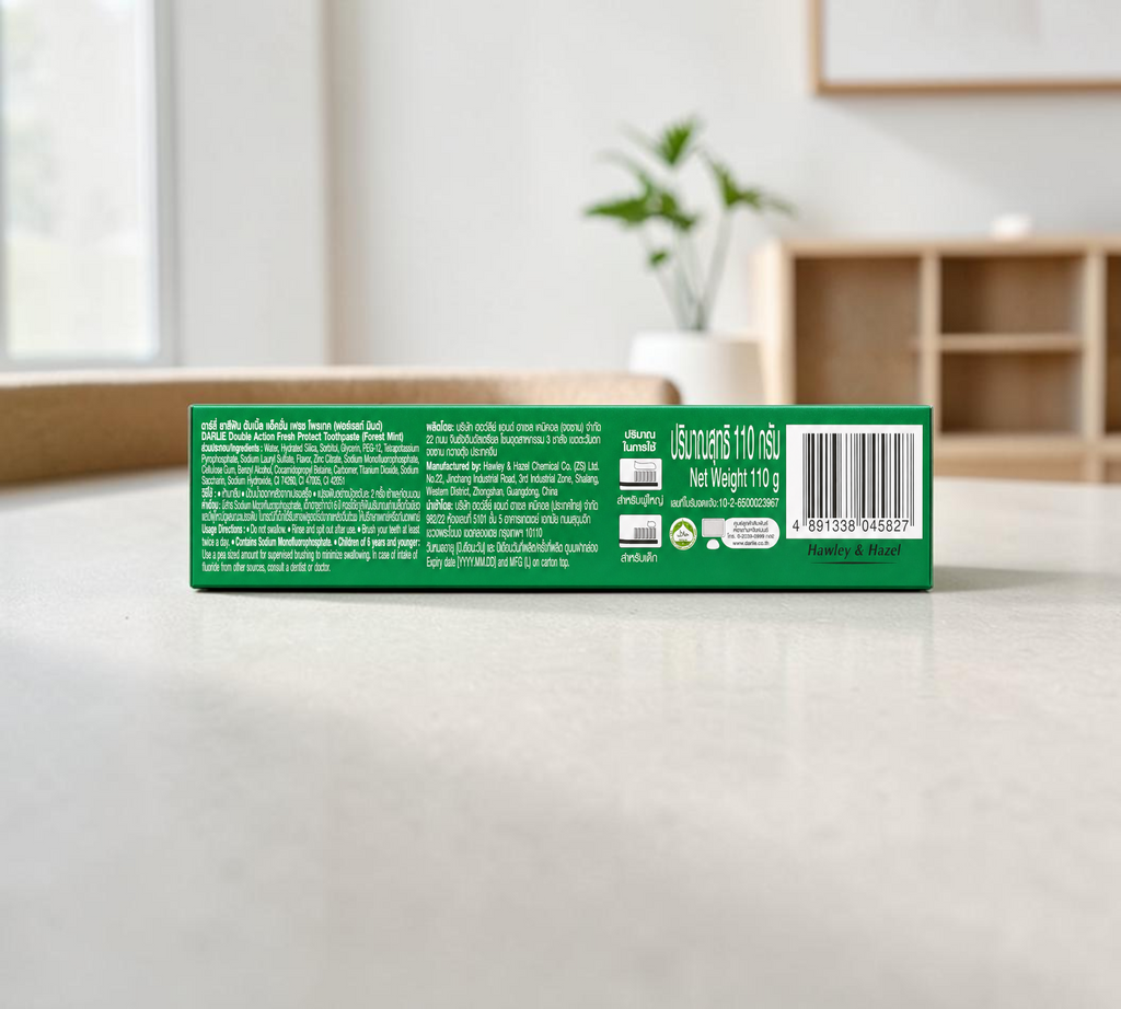 Thai Ranee Darlie Double Action Fresh Protect Forest Mint toothpaste 110g box back view with ingredients and barcode