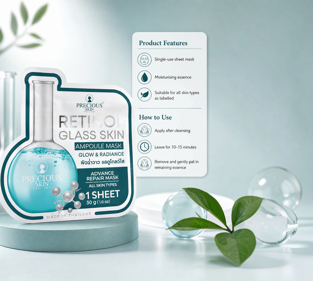 Thai Ranee Precious Skin Retinol Glass Skin ampoule sheet mask sachet with blue essence and skincare instructions.