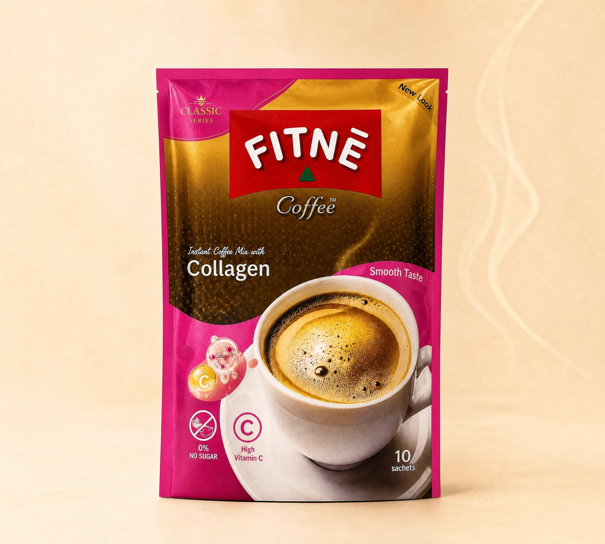 Thai Ranee FITNĒ Classic Series instant coffee mix pouch with collagen and Vitamin C, 10 sachets, pink and gold
