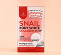 Thai Ranee Precious Skin Thailand Snail Body White Collagen Soap in clear plastic packaging on a peach background.