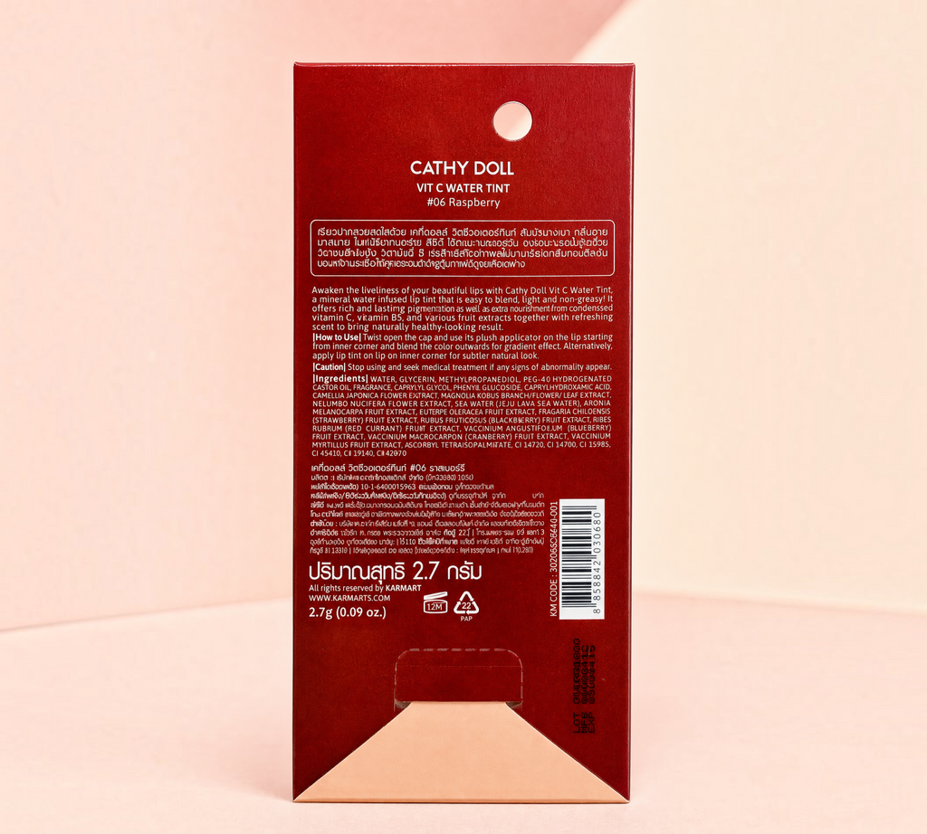 Thai Ranee Cathy Doll Vit C Water Tint #06 Raspberry packaging back view with product information and ingredients