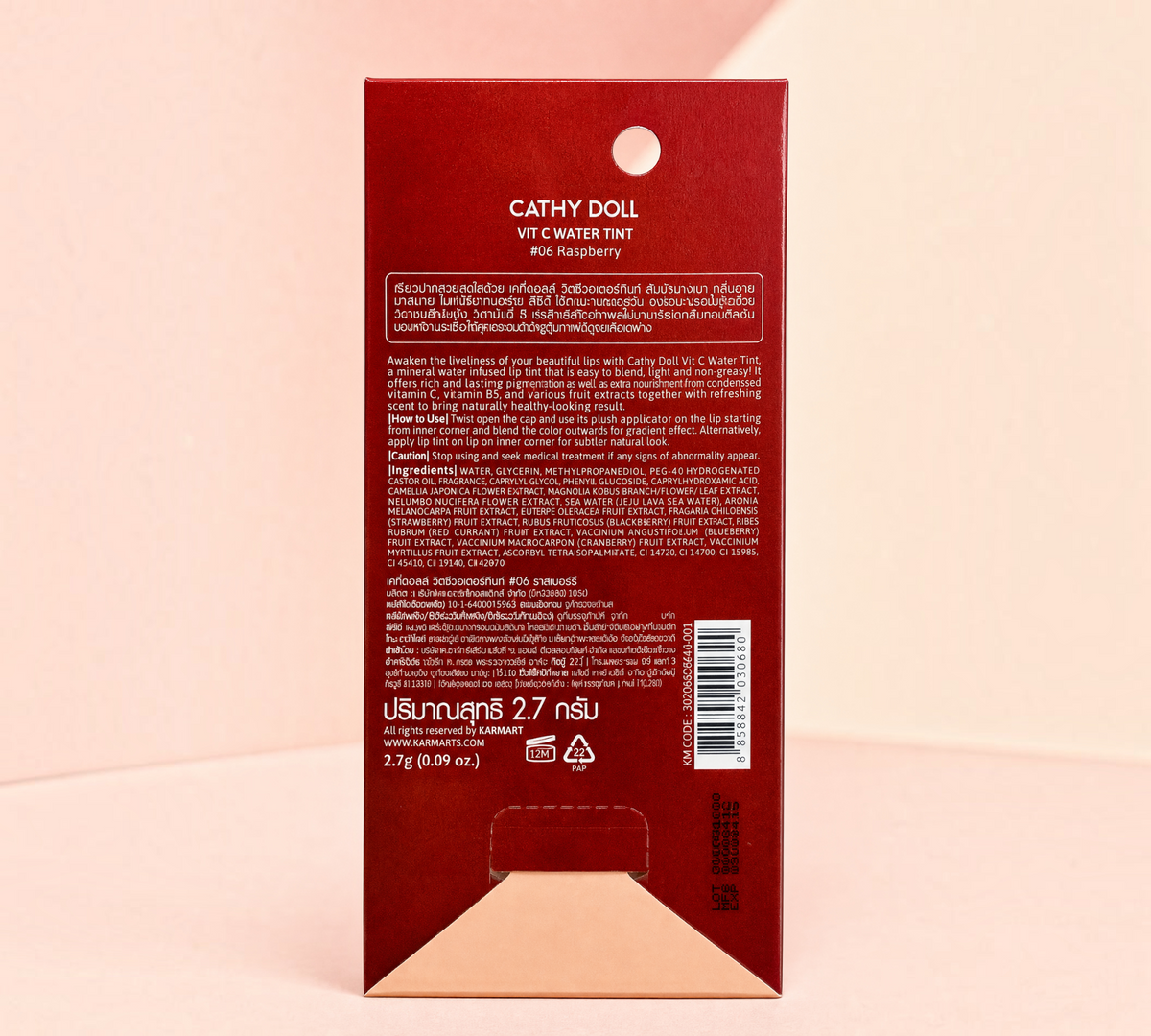Thai Ranee Cathy Doll Vit C Water Tint #06 Raspberry packaging back view with product information and ingredients