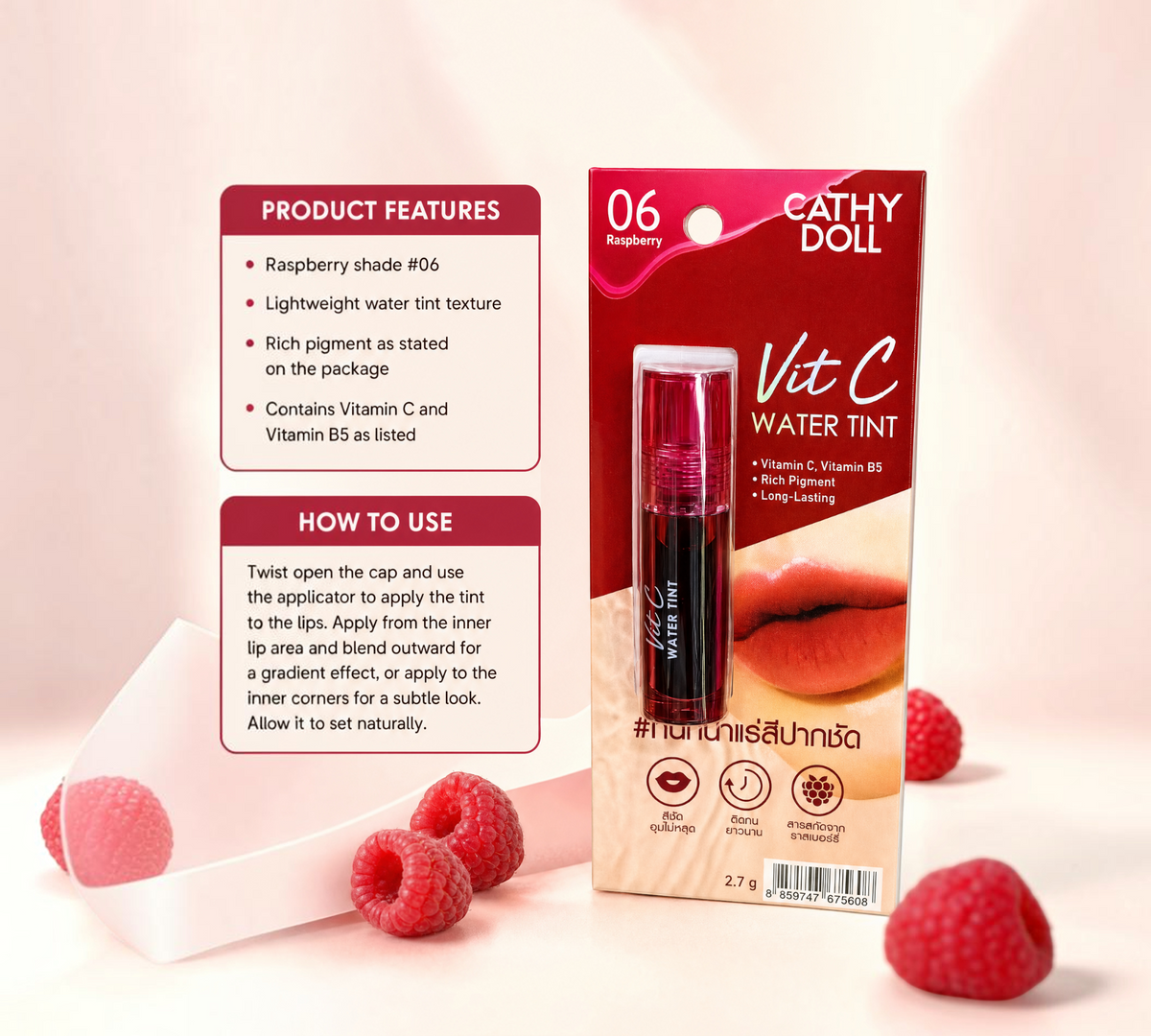 Thai Ranee Cathy Doll Vit C Water Tint in #06 Raspberry, a lightweight, long-lasting lip stain with Vitamin C.