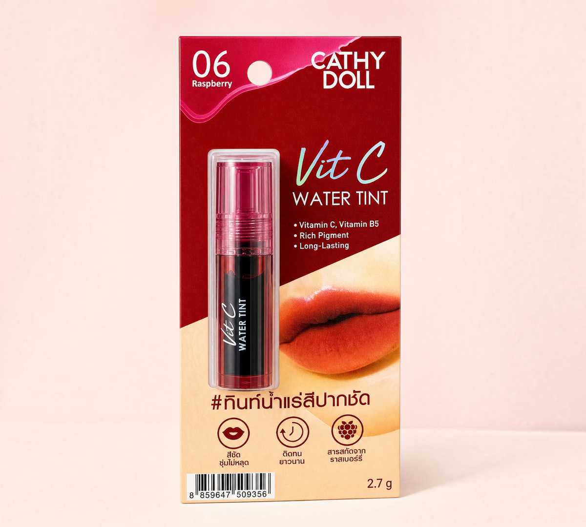 Thai Ranee Cathy Doll Vit C Water Tint in shade 06 Raspberry, a long-lasting, vitamin-enriched liquid lip stain.