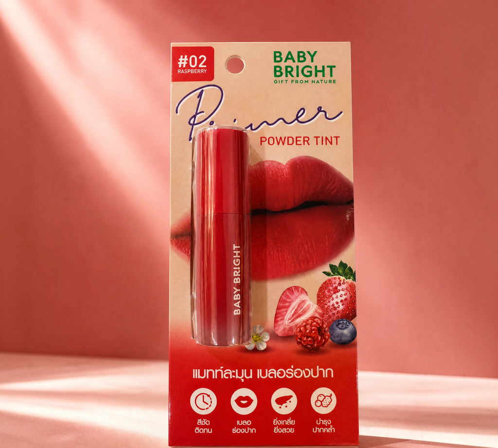 Thai Ranee Baby Bright Primer Powder Tint in #02 Raspberry, a soft matte lip tint with a smooth blurring effect.