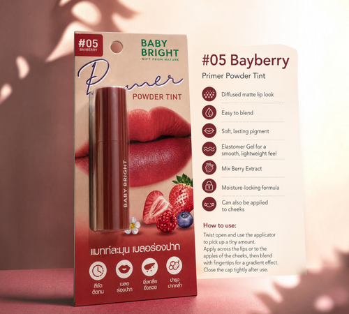 Thai Ranee Baby Bright Primer Powder Tint in #05 Bayberry, a soft matte lip and cheek tint with berry extracts.