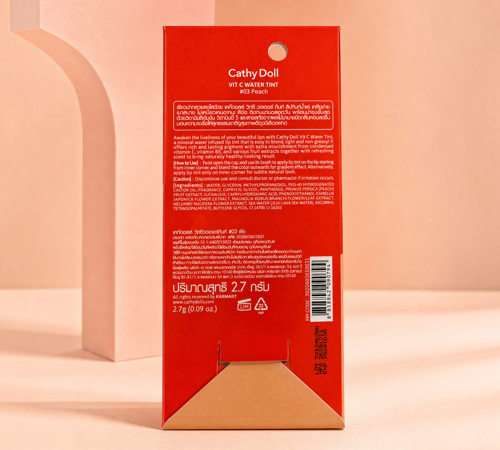 Thai Ranee Cathy Doll Vit C Water Tint #03 Peach packaging box with product information and ingredient list