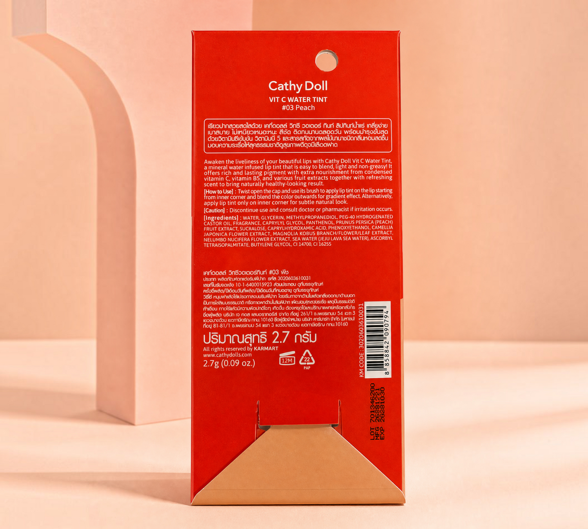 Thai Ranee Cathy Doll Vit C Water Tint #03 Peach packaging box with product information and ingredient list