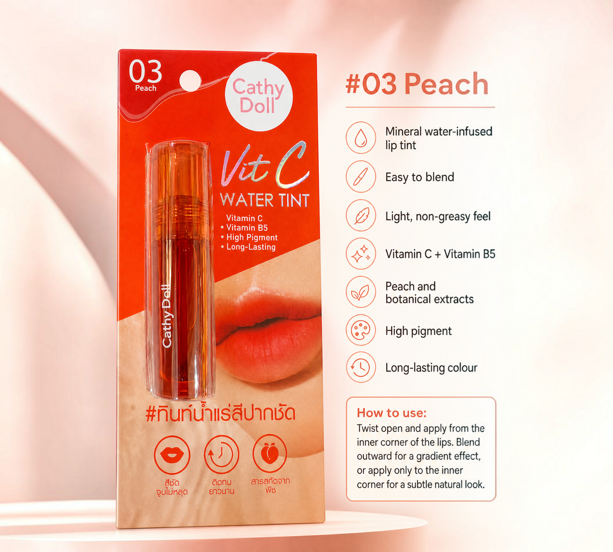 Thai Ranee Cathy Doll Vit C Water Tint in 03 Peach shade, a mineral-infused coral-peach liquid lip tint in packaging.
