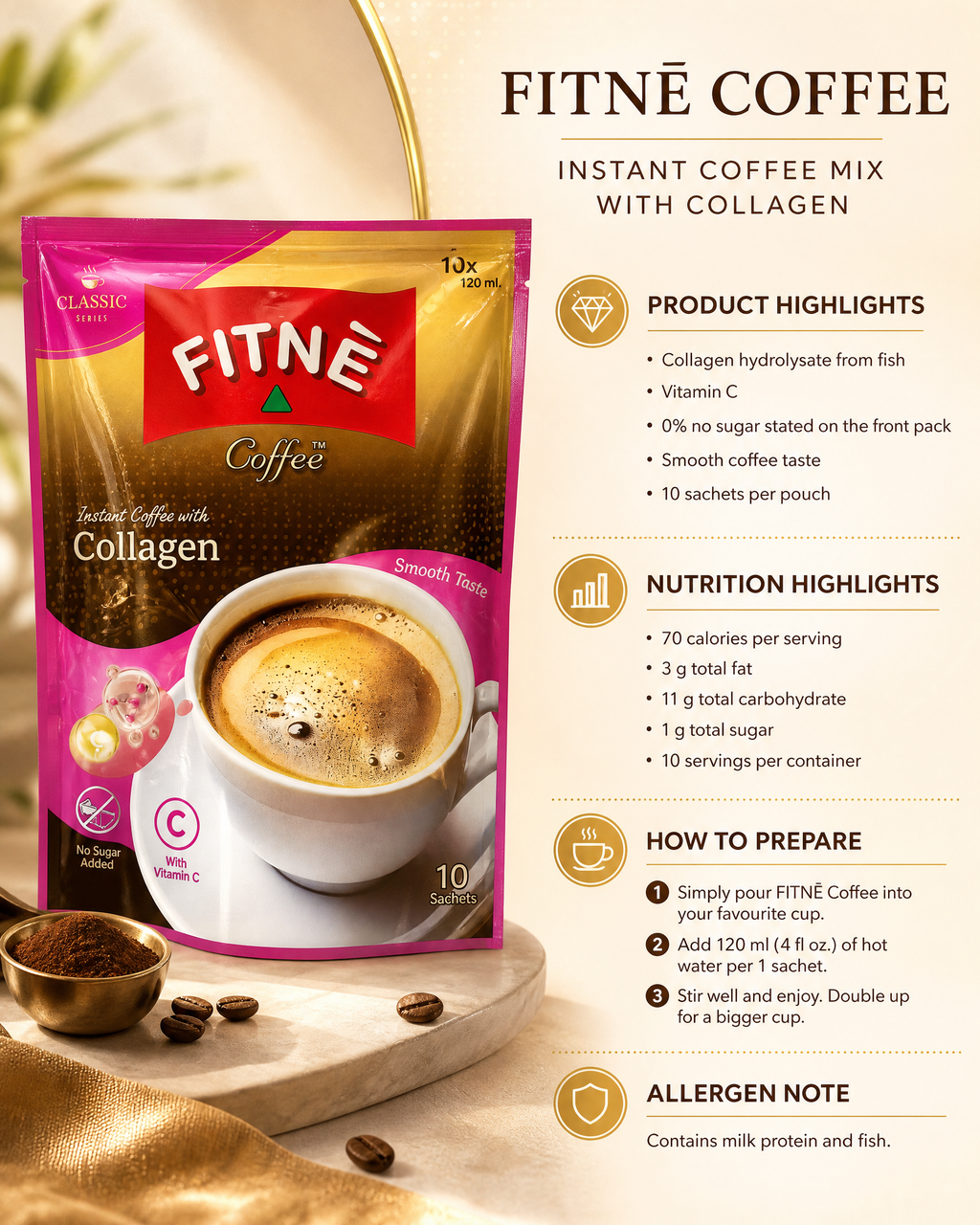 FITNĒ Coffee Classic Series Instant Coffee Mix with Collagen & Vitamin C — 10 Sachets, 150 g