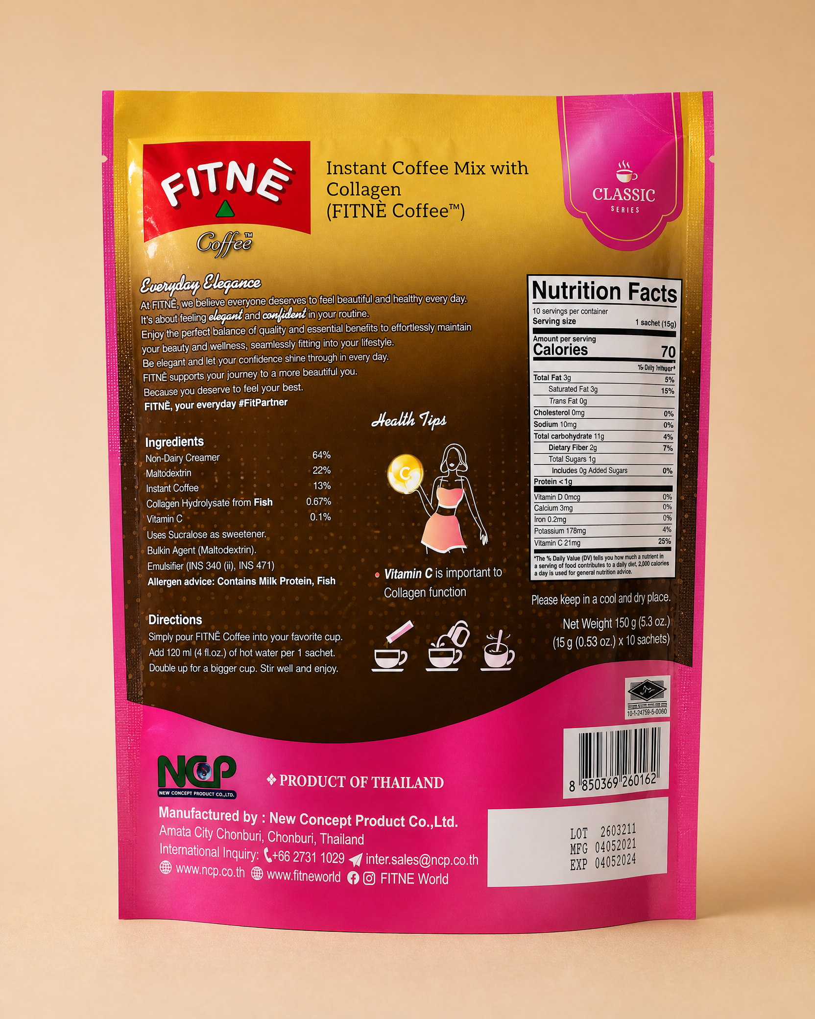 FITNĒ Coffee Classic Series Instant Coffee Mix with Collagen & Vitamin C — 10 Sachets, 150 g