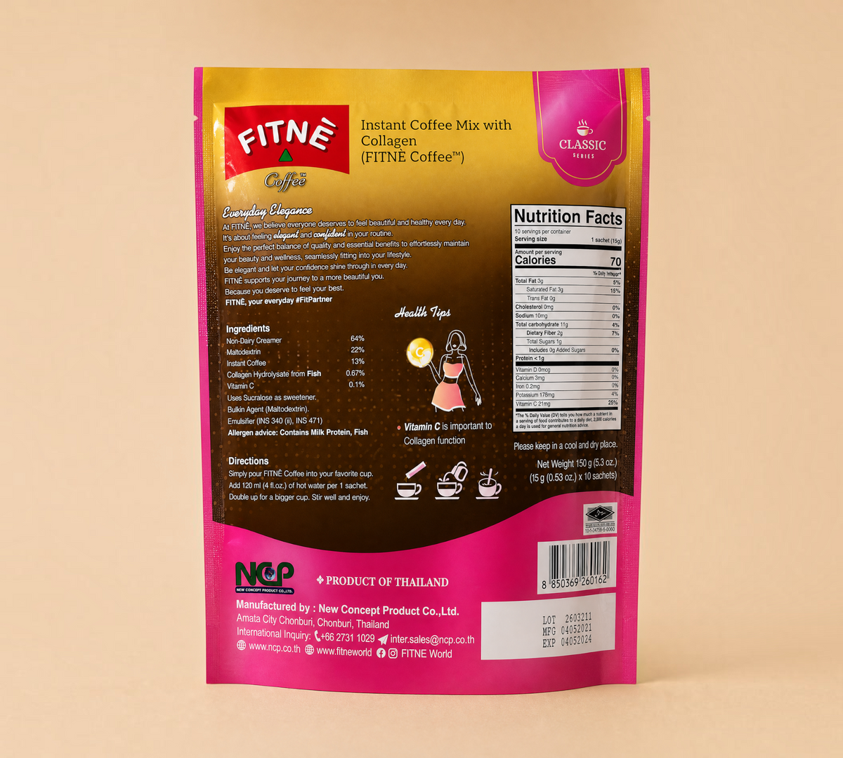 Thai Ranee FITNĒ Classic Series instant coffee mix pouch with collagen and Vitamin C, back view with nutrition facts.