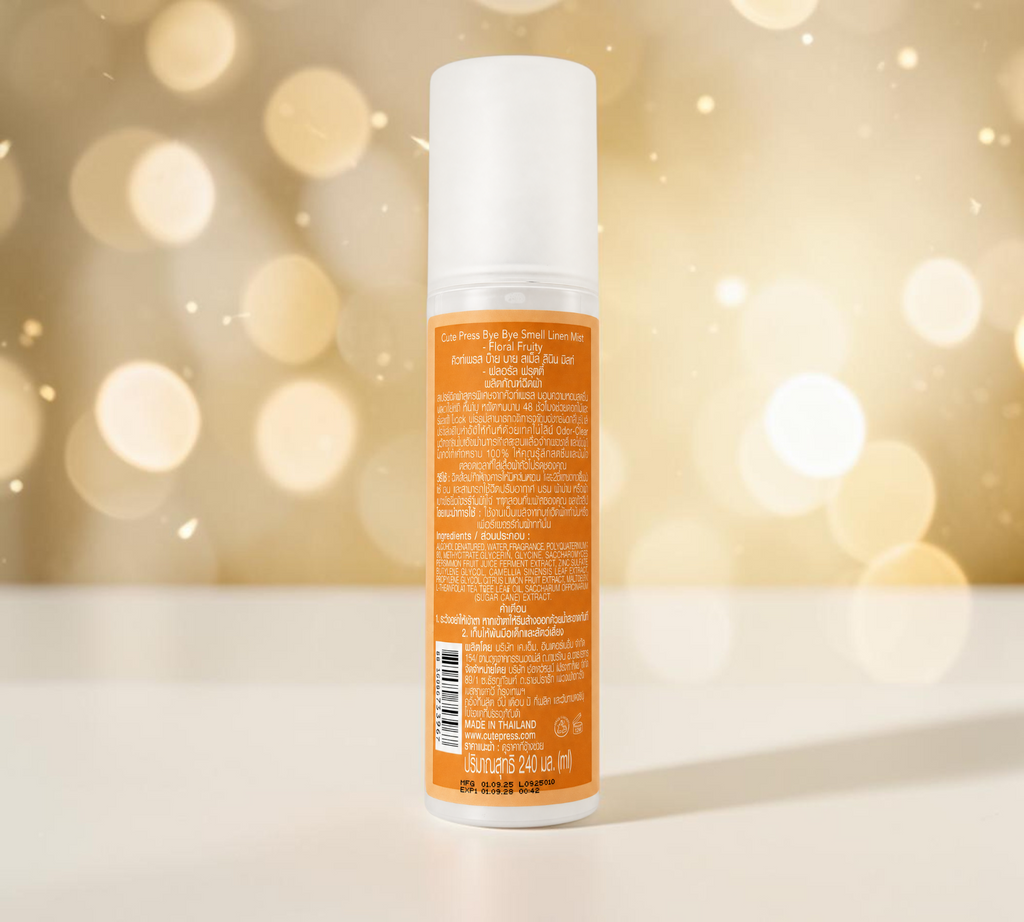 Thai Ranee Cute Press Bye Bye Smell Linen Mist in a 240ml spray bottle with floral fruity fragrance label