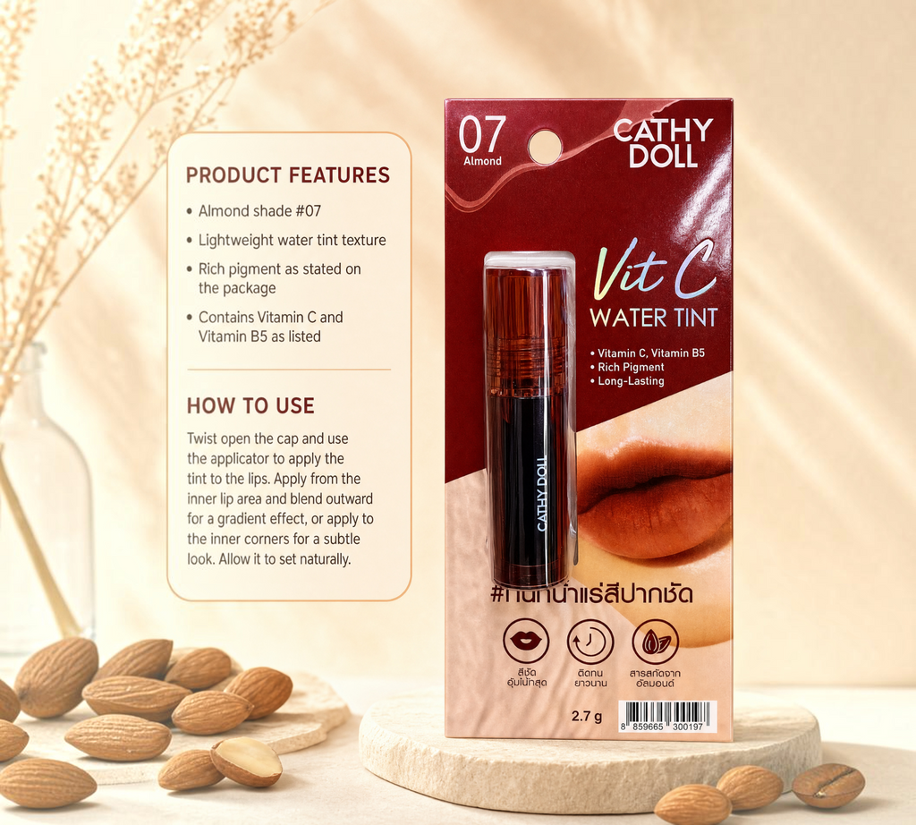 Thai Ranee Cathy Doll Vit C Water Tint in shade 07 Almond, a long-lasting lightweight lip tint with Vitamin C
