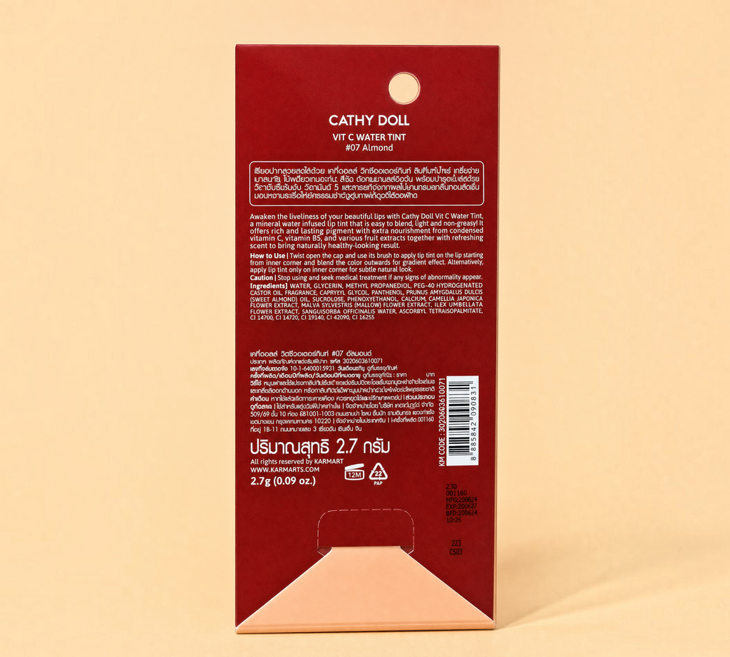 Thai Ranee Cathy Doll Vit C Water Tint #07 Almond packaging back view with ingredient and usage information