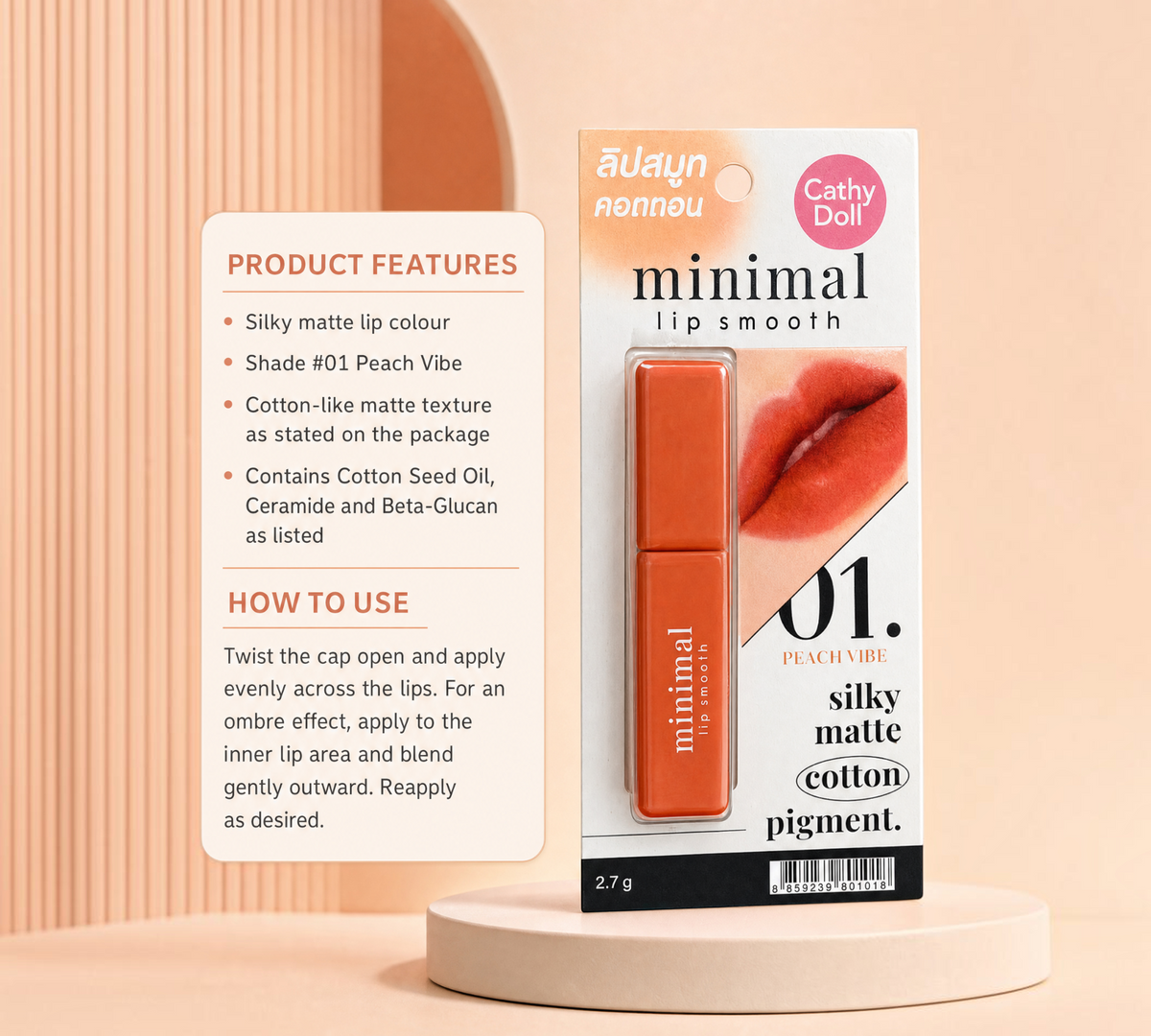 Thai Ranee Cathy Doll Minimal Lip Smooth in 01 Peach Vibe, a silky matte lipstick with a soft cotton-like texture.