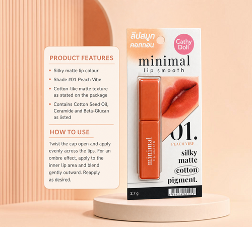 Thai Ranee Cathy Doll Minimal Lip Smooth in 01 Peach Vibe, a silky matte lipstick with a soft cotton-like texture.