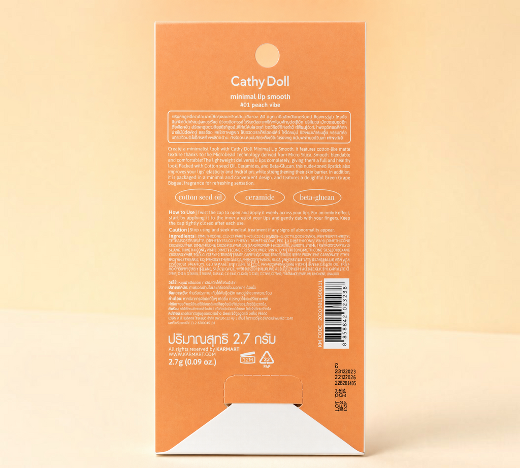Thai Ranee Cathy Doll Minimal Lip Smooth #01 Peach Vibe packaging back view with ingredient and usage information