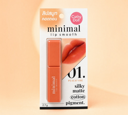 Thai Ranee Cathy Doll Minimal Lip Smooth in 01 Peach Vibe, a silky matte lipstick with a soft peach colour.