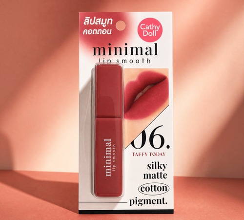 Thai Ranee Cathy Doll Minimal Lip Smooth in 06 Taffy Today, a warm red-brown matte lipstick with silky finish.
