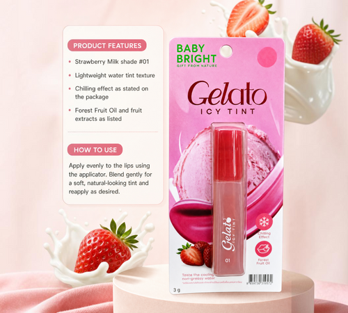 Thai Ranee Baby Bright Gelato Icy Tint in 01 Strawberry Milk, a lightweight water-based lip tint with fruit extracts.