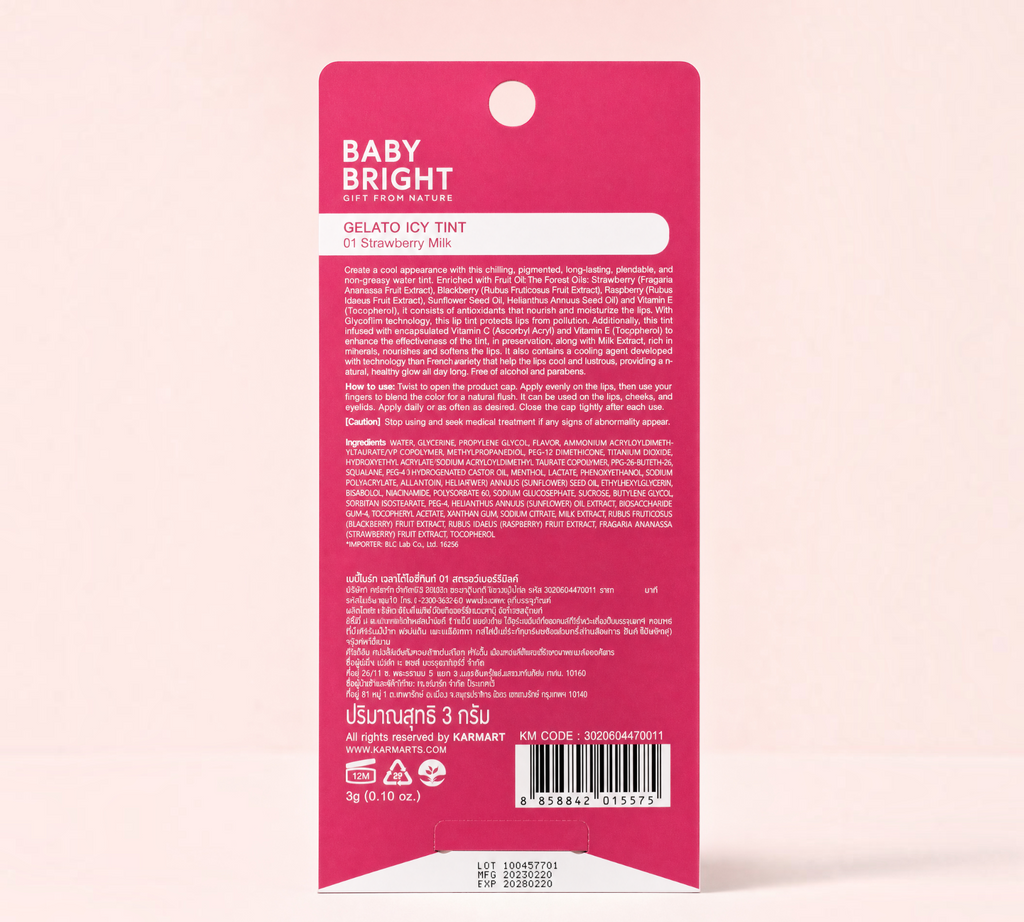 Thai Ranee Baby Bright Gelato Icy Tint #01 Strawberry Milk packaging back view with product details and ingredients