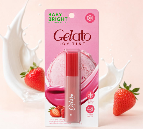 Thai Ranee Baby Bright Gelato Icy Tint in 01 Strawberry Milk, a lightweight pink water-based lip tint with cooling.