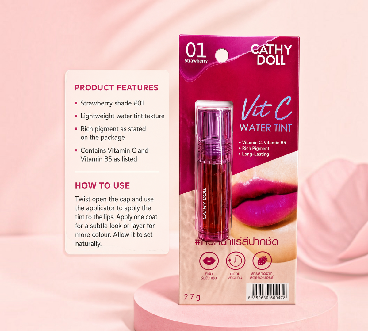 Thai Ranee Cathy Doll Vit C Water Tint in 01 Strawberry shade, a lightweight, long-lasting red-pink lip tint.