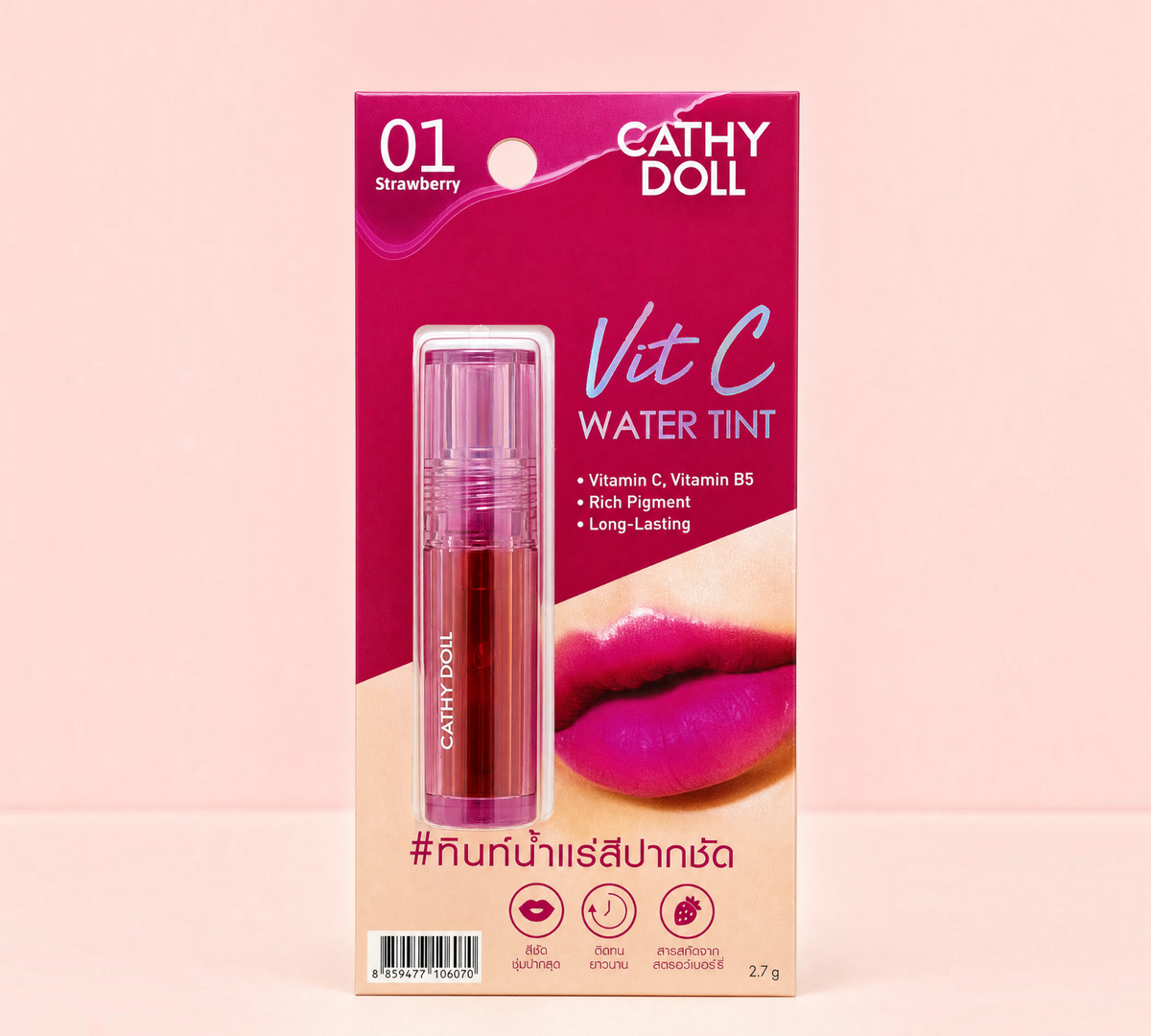 Thai Ranee Cathy Doll Vit C Water Tint in 01 Strawberry, a long-lasting red-pink mineral water lip tint.