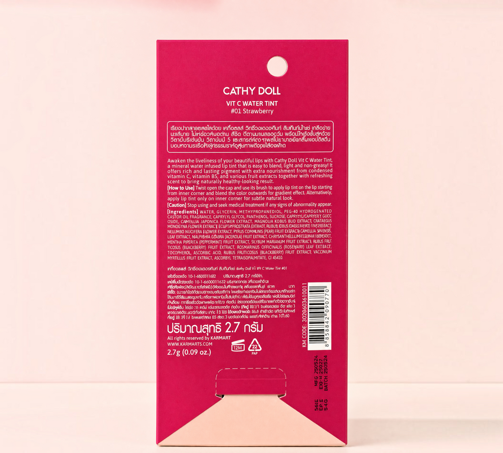 Thai Ranee Cathy Doll Vit C Water Tint #01 Strawberry packaging back view with ingredient list and product details
