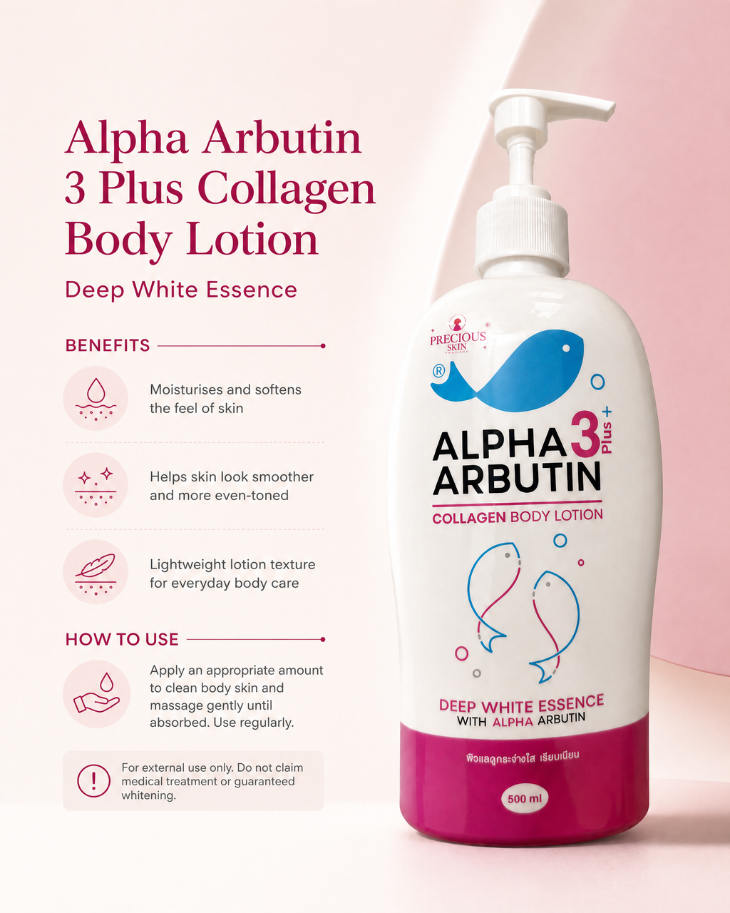 Precious Skin Thailand Alpha Arbutin 3 Plus Collagen Body Lotion, 500 ml